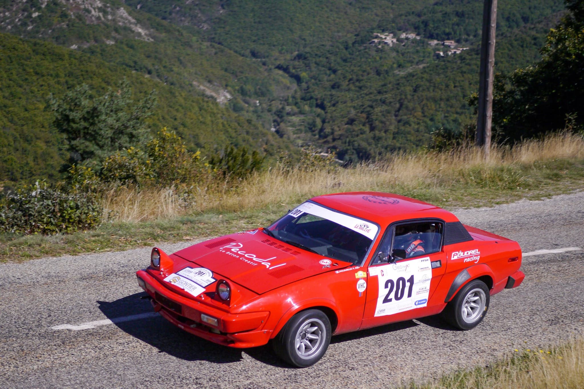A red rally coupé numbered 201 on a mountain road above a wooded valley. Opens a larger view
