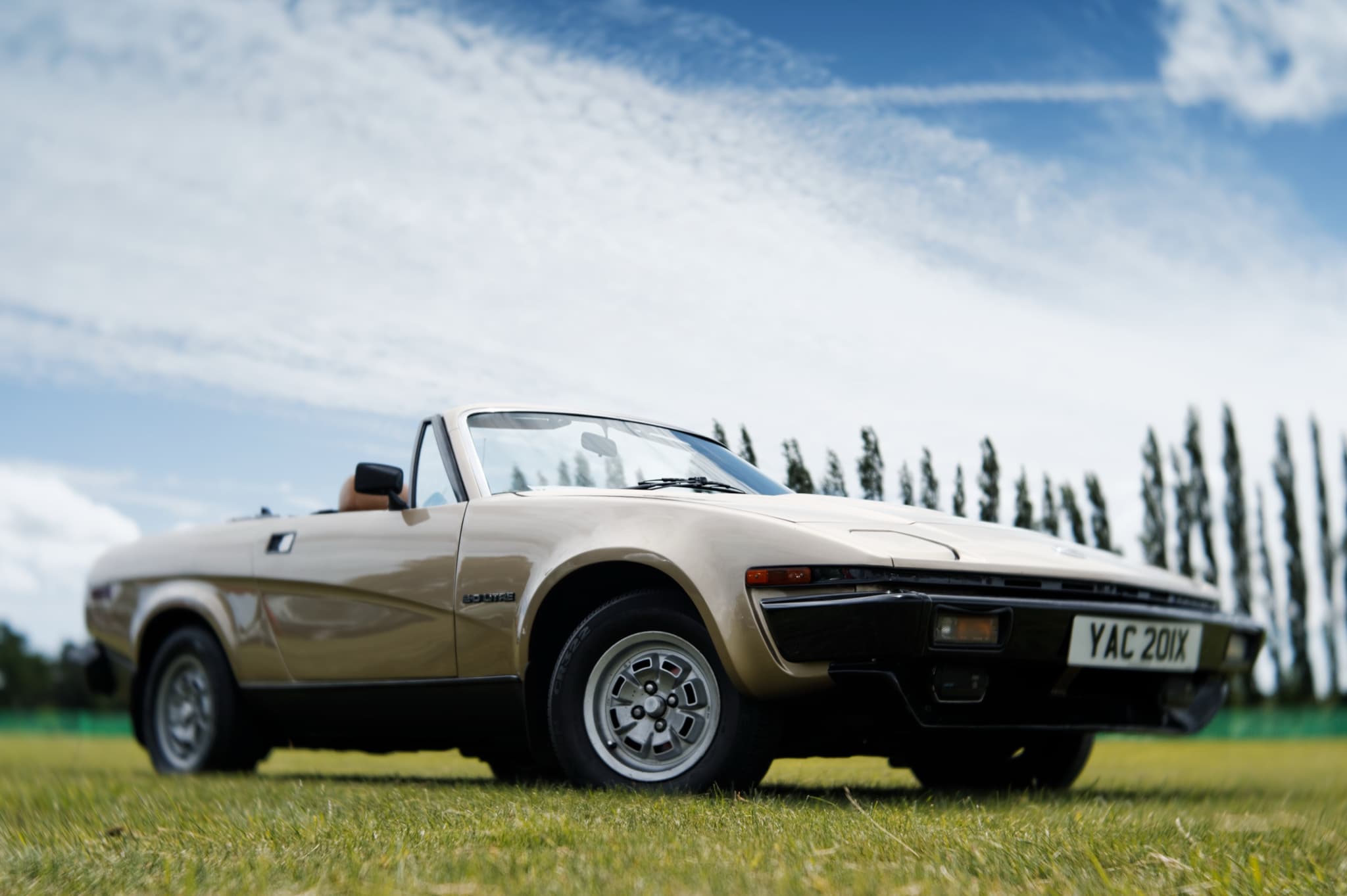 A pale gold convertible with its hood down, photographed from low on grass under a wide sky, with poplars behind. Opens a larger view