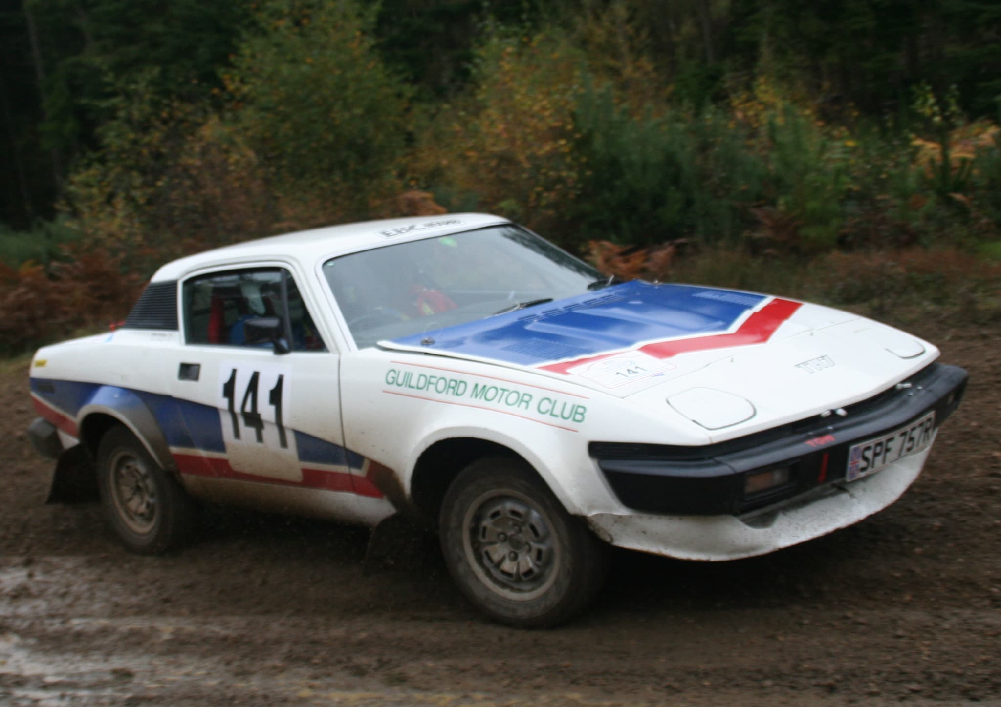A white rally coupé numbered 141 coming through a muddy forest bend. Opens a larger view