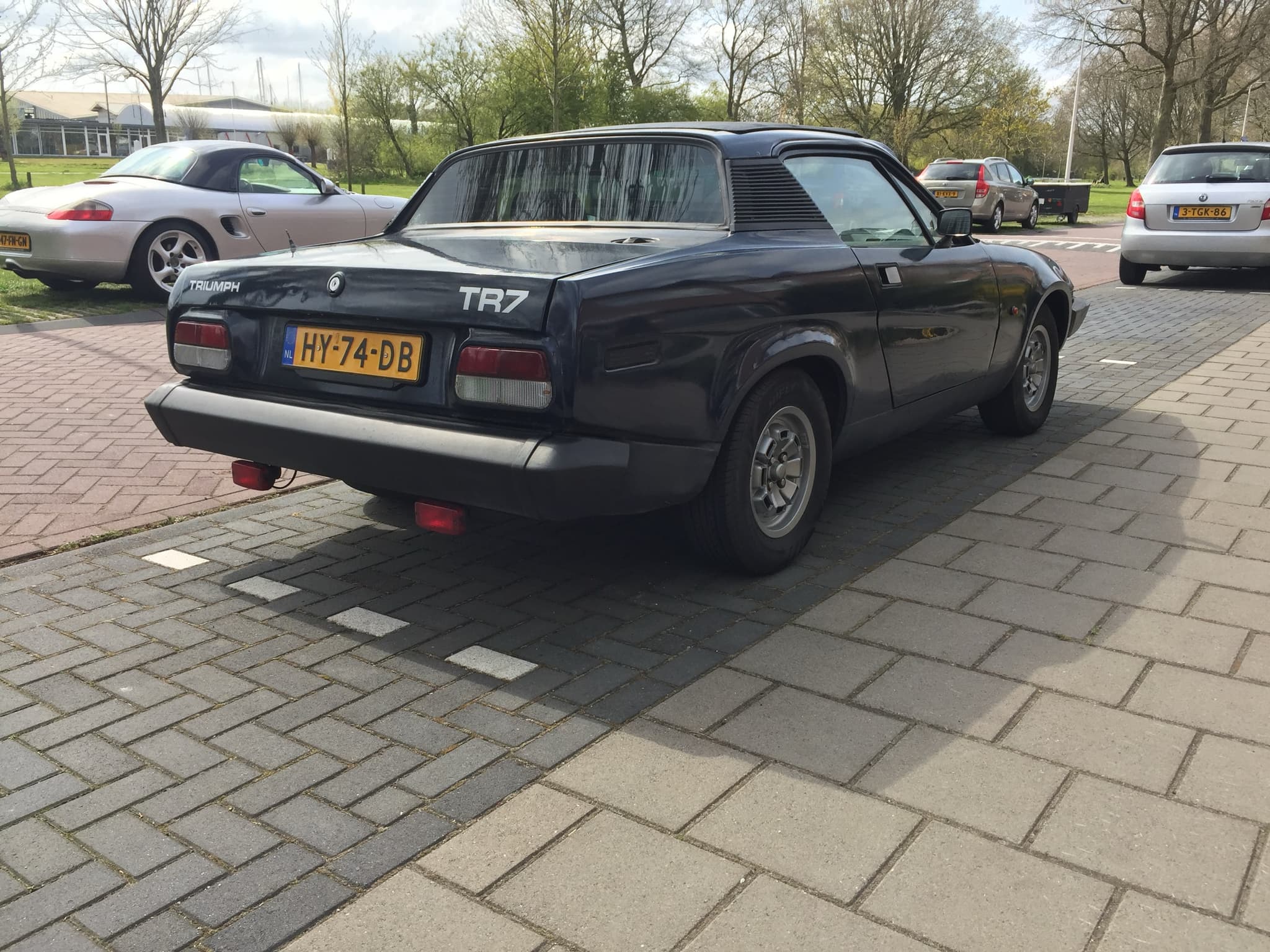 The tail of a dark blue coupé with TRIUMPH and TR7 lettering and a black rear bumper. Opens a larger view