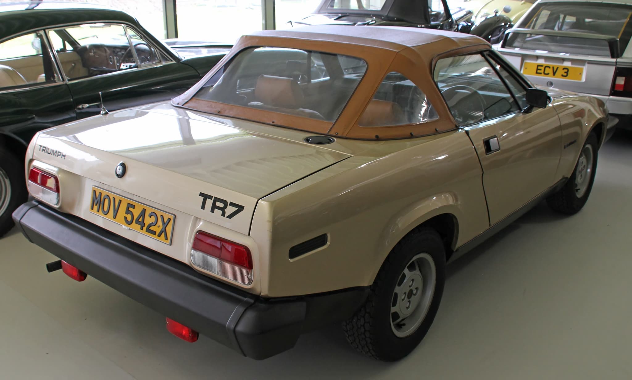 The tail of a champagne convertible with its brown hood up and TR7 lettering, in a museum. Opens a larger view
