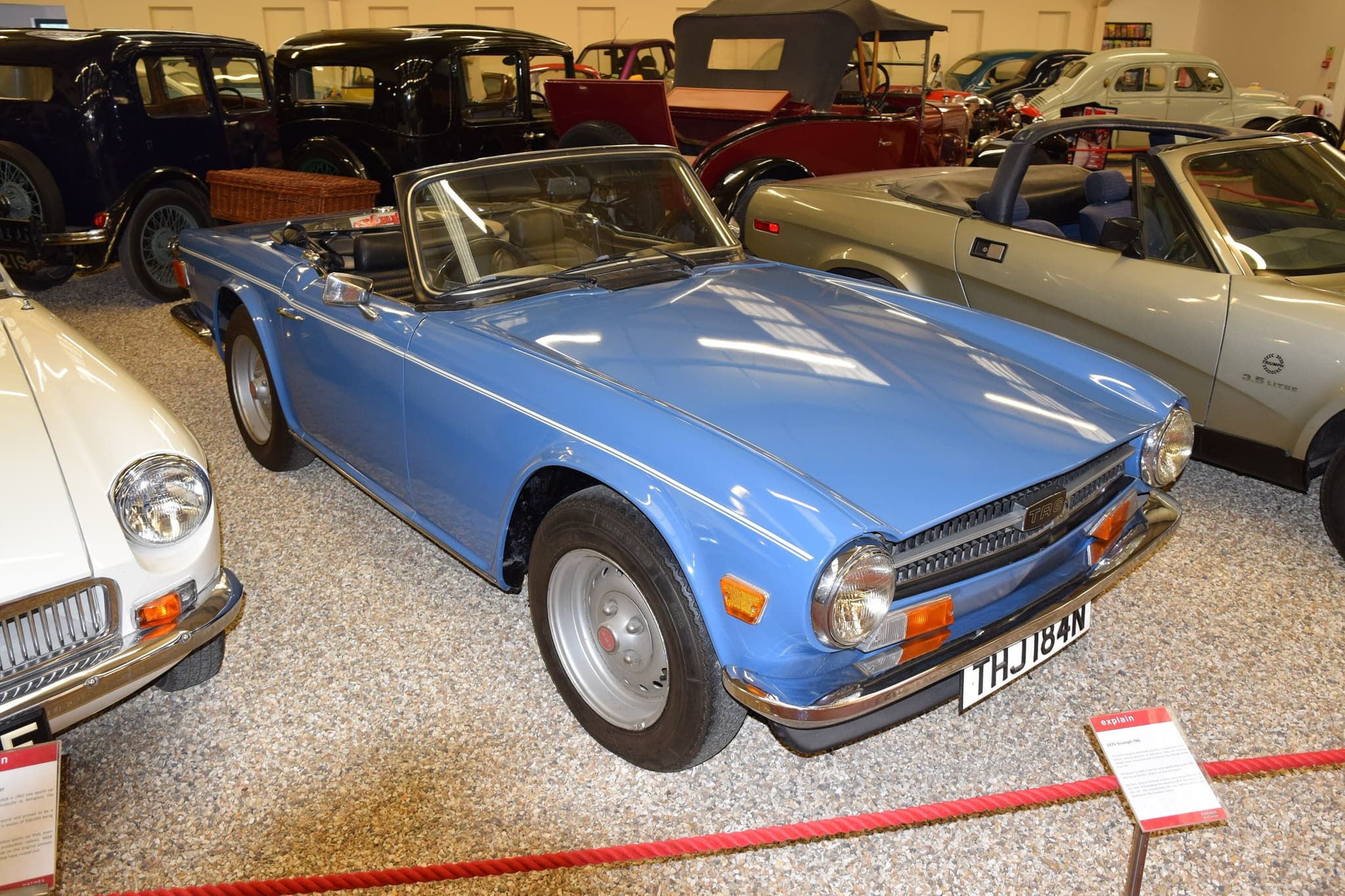 A blue open roadster with a square nose and chrome bumpers in a museum hall, among other classic cars.