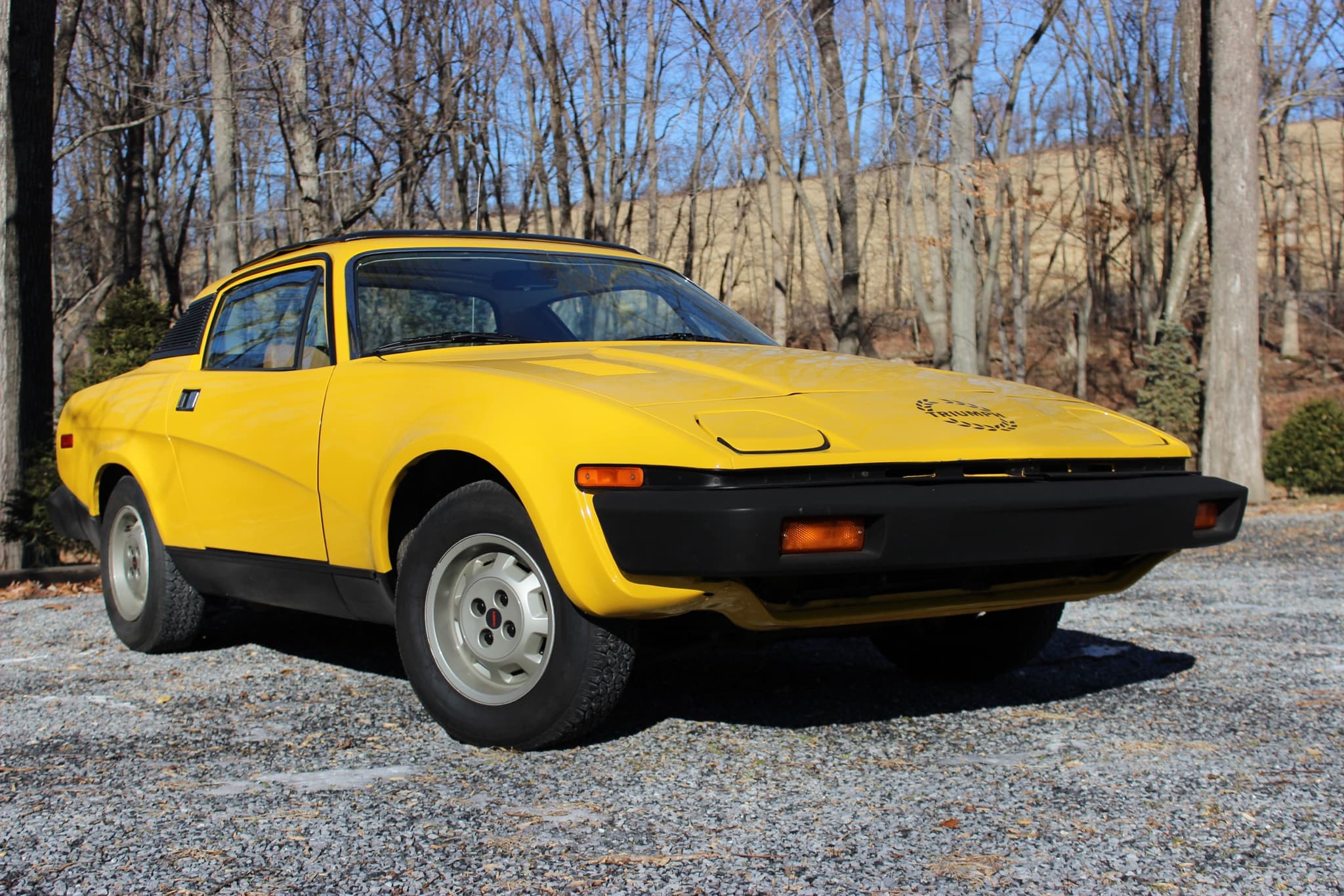 A yellow wedge-shaped coupé with long black bumpers and amber side markers, on gravel in front of bare winter woods.
