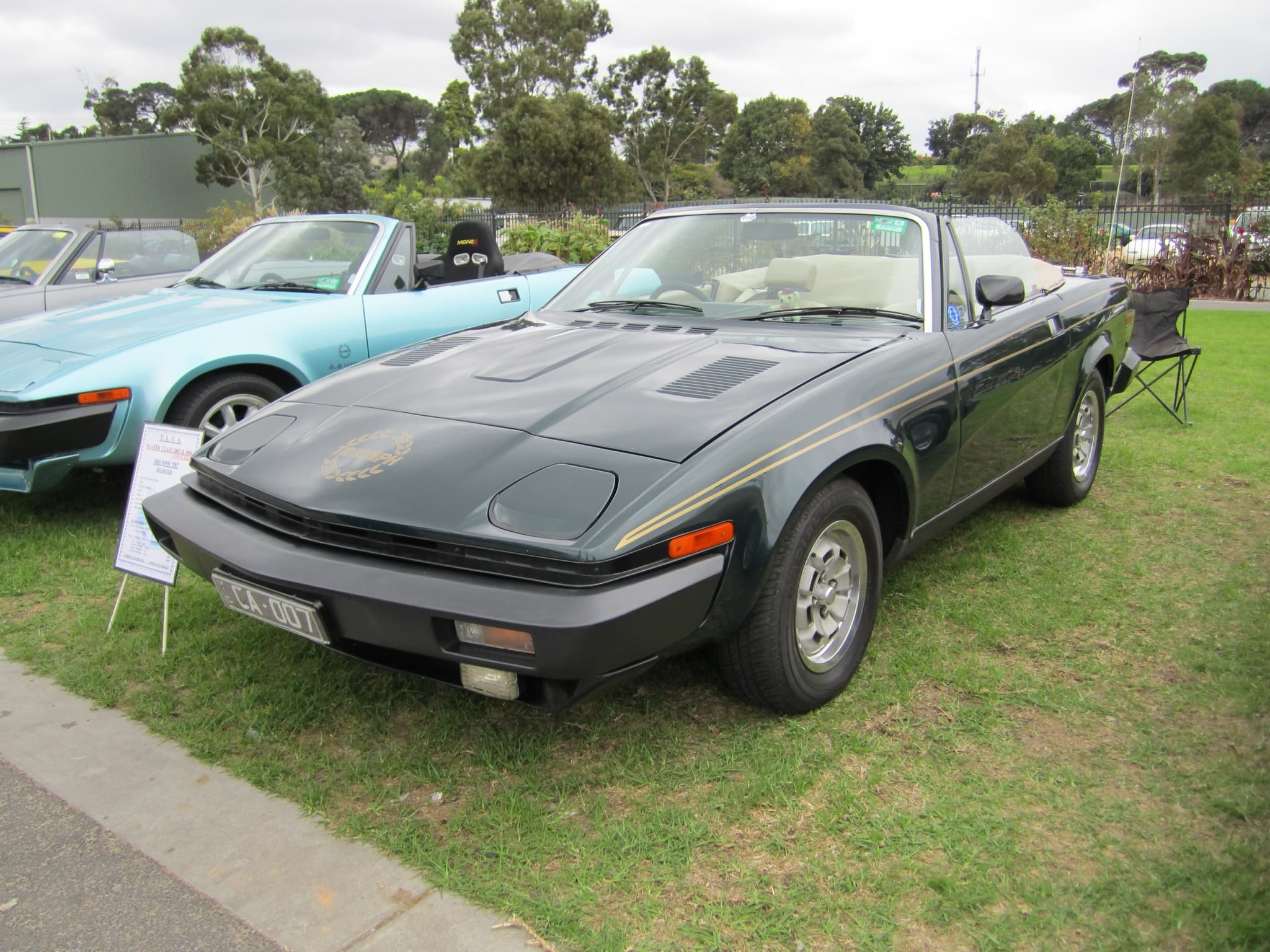 A very dark green convertible with a gold coachline and its hood folded, at an outdoor club show.